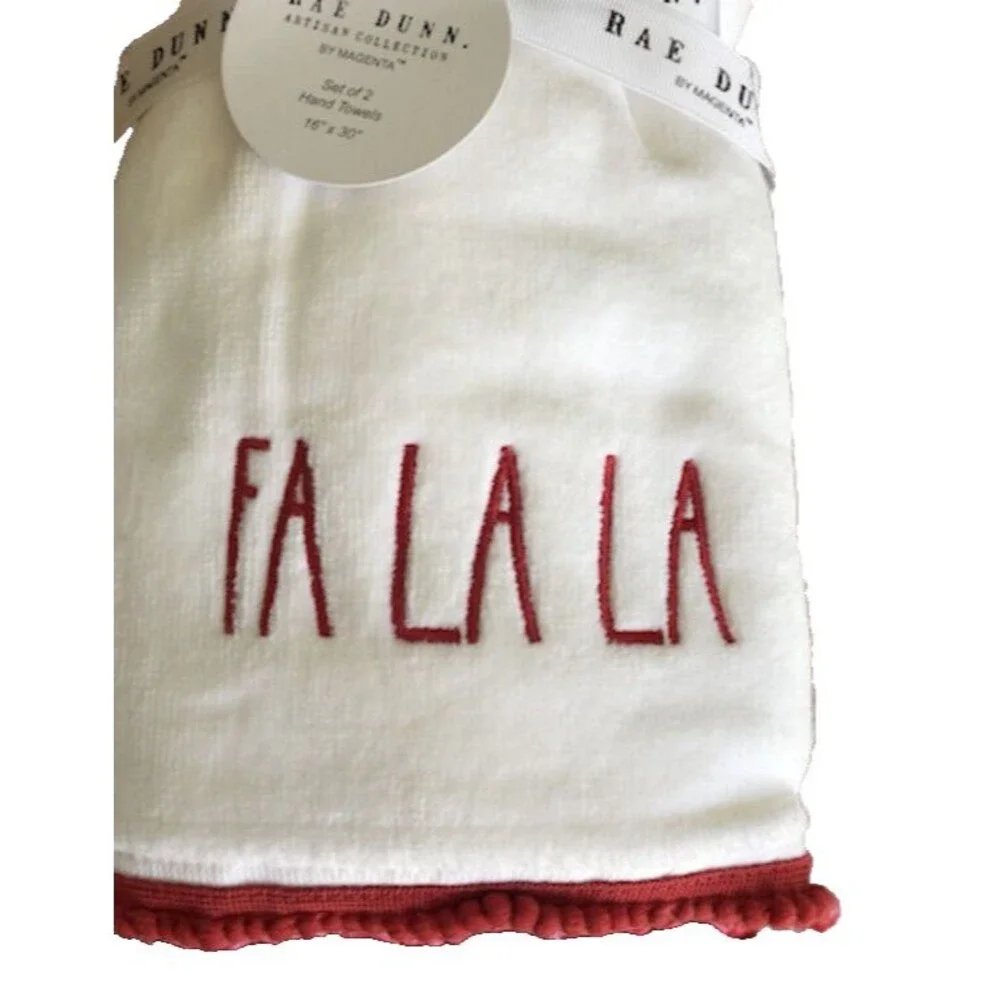 Rae Dunn Christmas Fa La La Hand Towels Set of 2 White Embroidered Guest Bath